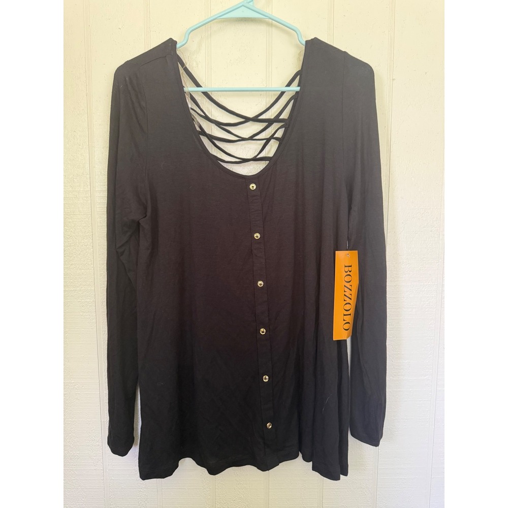 Bozzolo Plus Womens 1X Black Long Sleeve Lattice Back Button Front Top NWT